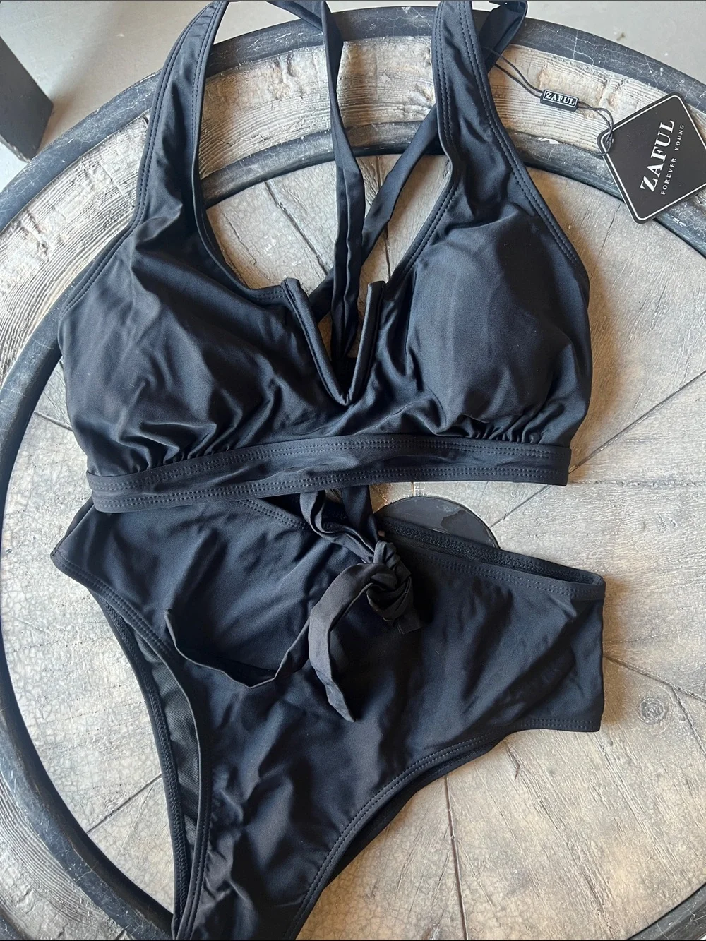 Zaful Black V‑Neck Tie High‑Waist Bikini Set Small B11